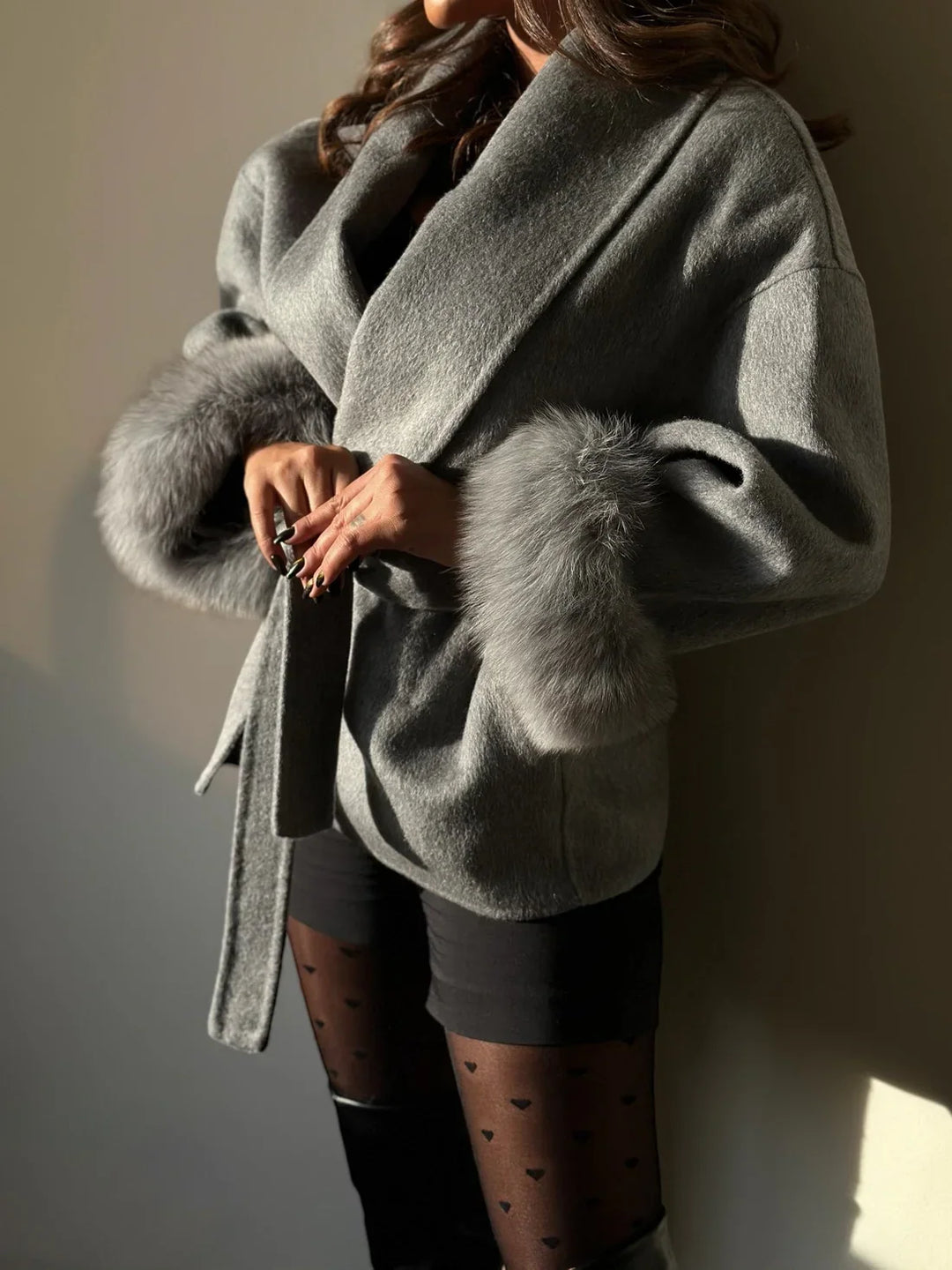 Women's Belted Double-Faced Wool Coat with Faux Fur Cuffs