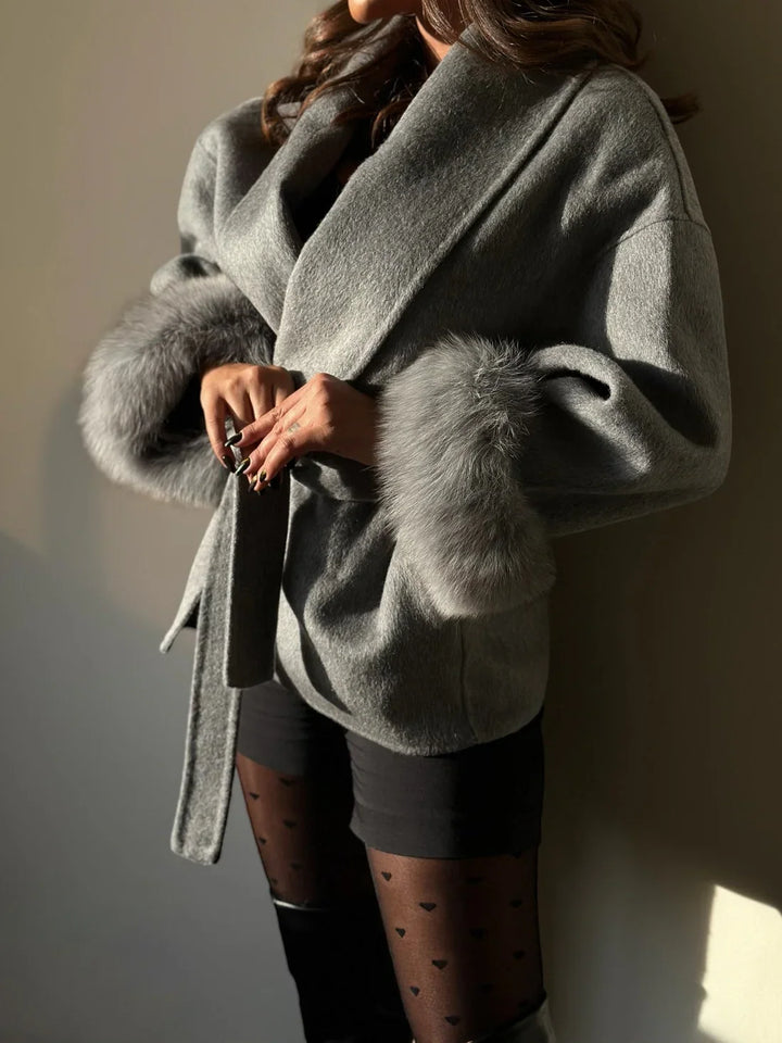 Women's Belted Double-Faced Wool Coat with Faux Fur Cuffs