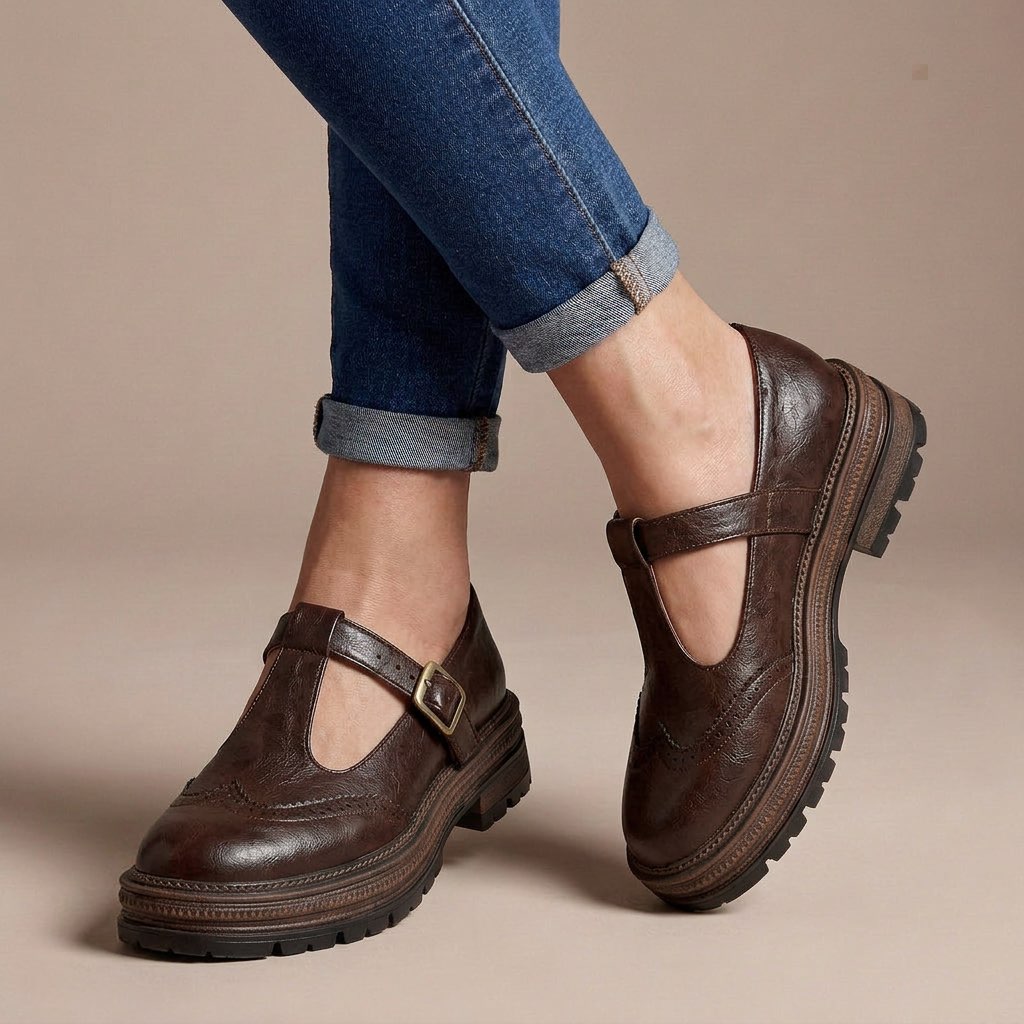Women's Brogue Mary Jane Shoes with Block Heel