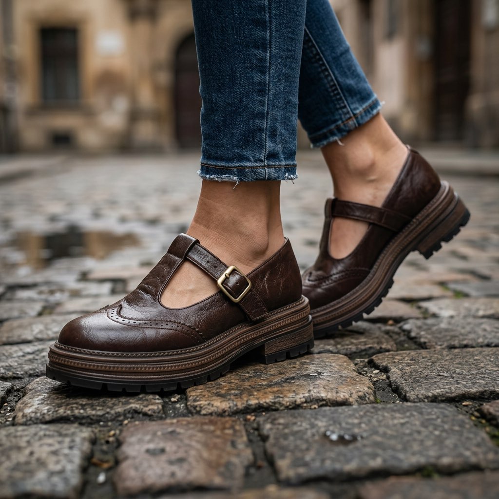 Women's Brogue Mary Jane Shoes with Block Heel