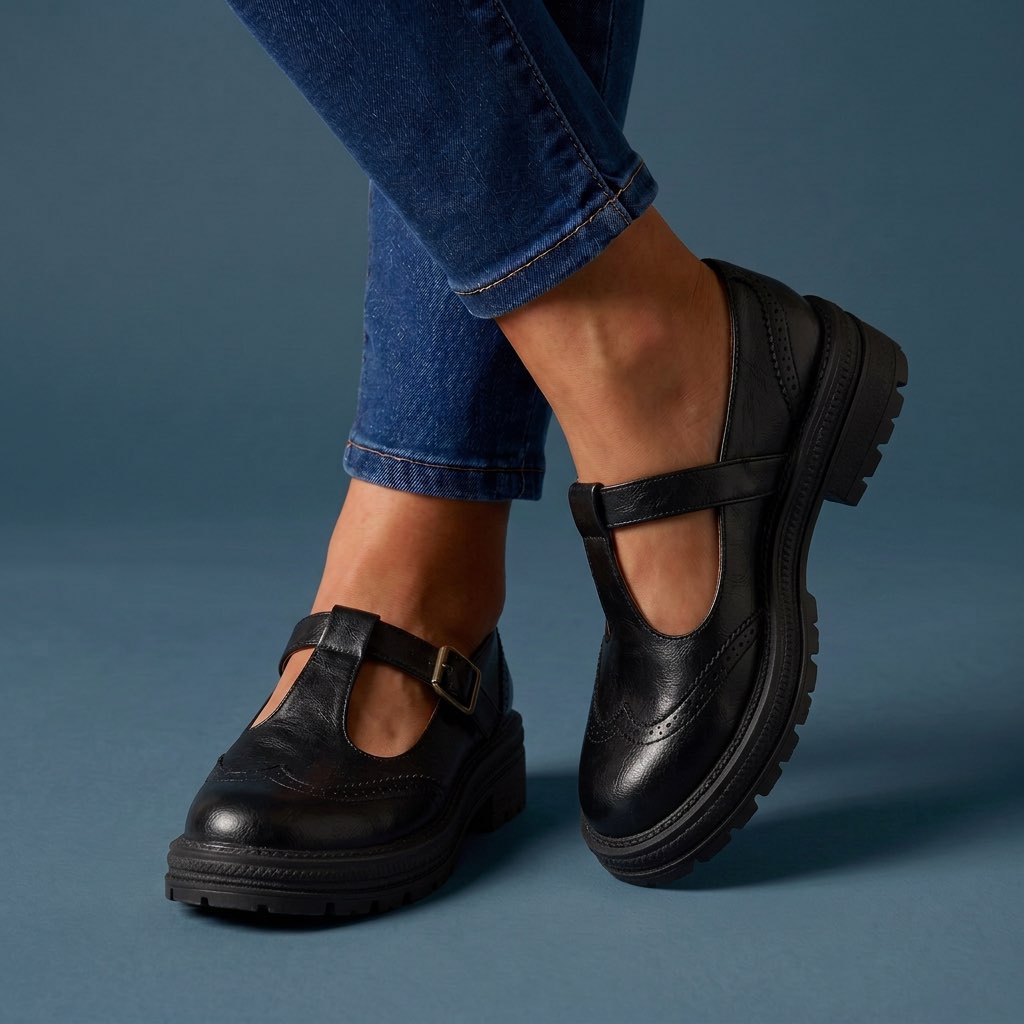 Women's Brogue Mary Jane Shoes with Block Heel