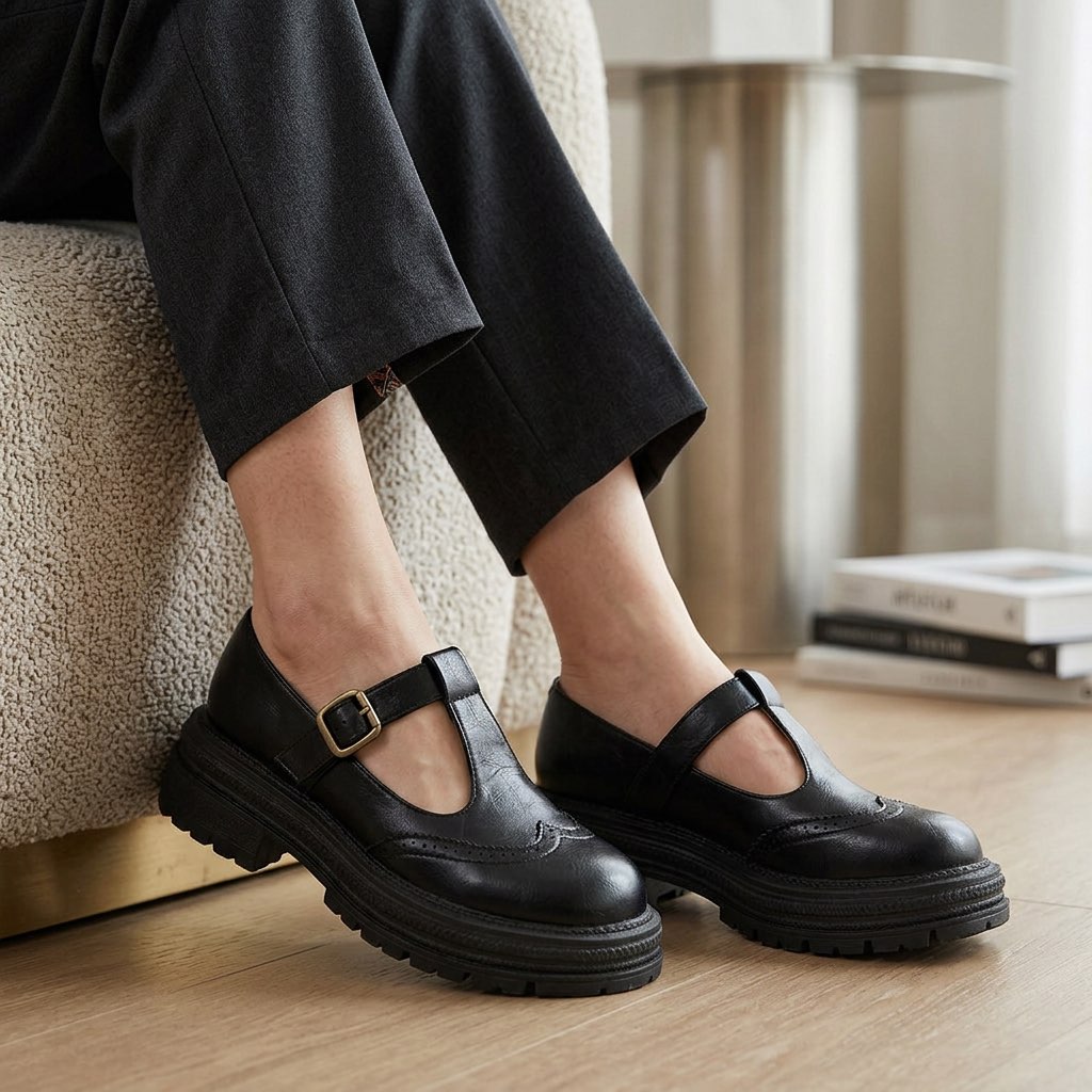 Women's Brogue Mary Jane Shoes with Block Heel