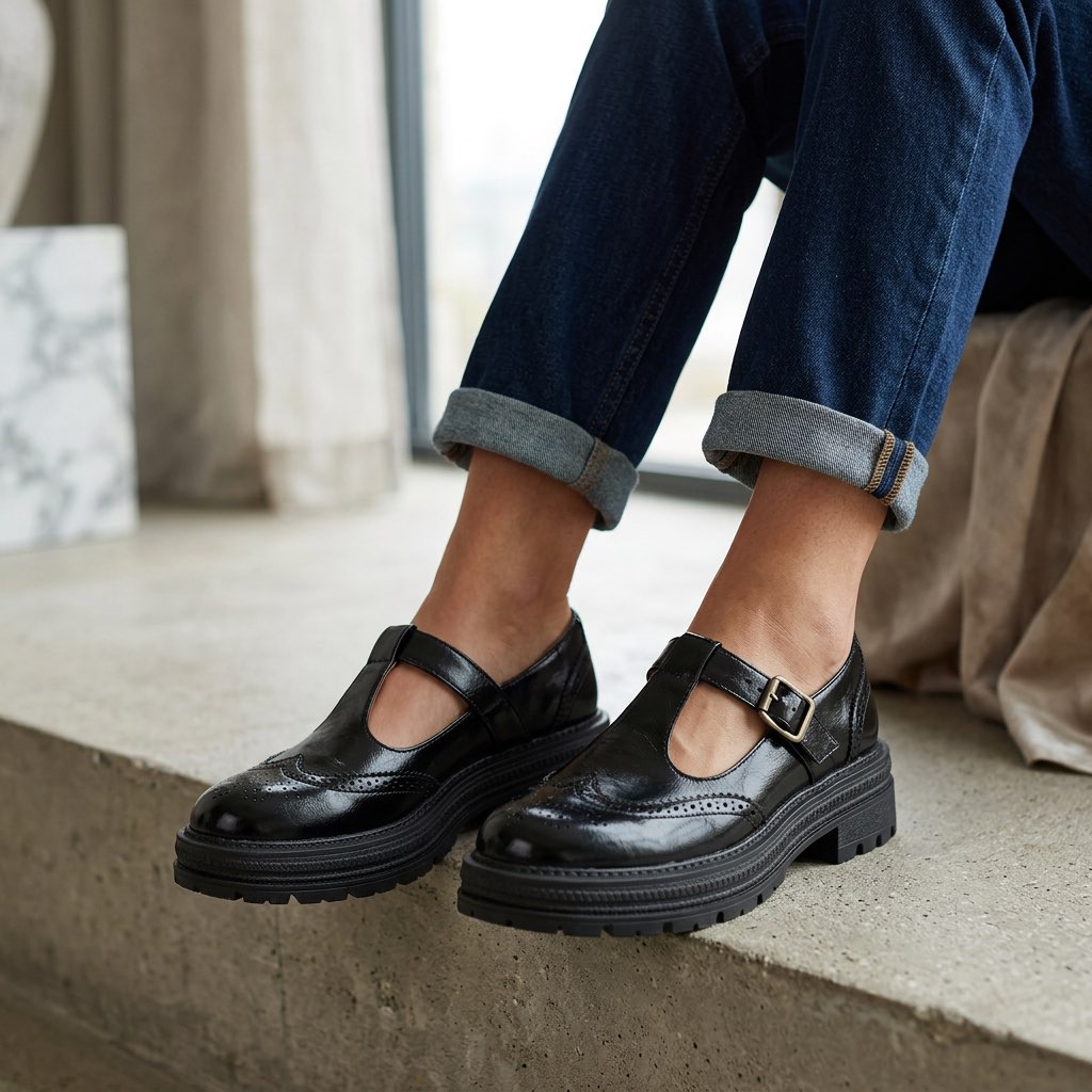 Women's Brogue Mary Jane Shoes with Block Heel
