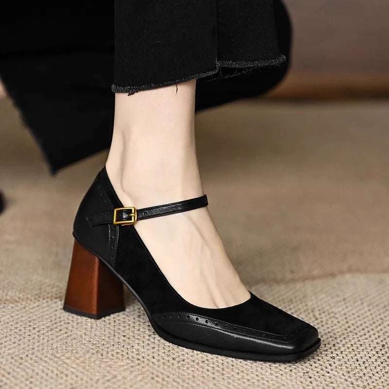 Women's Buckle-Strap Block Heel Pumps with Perforated Trim