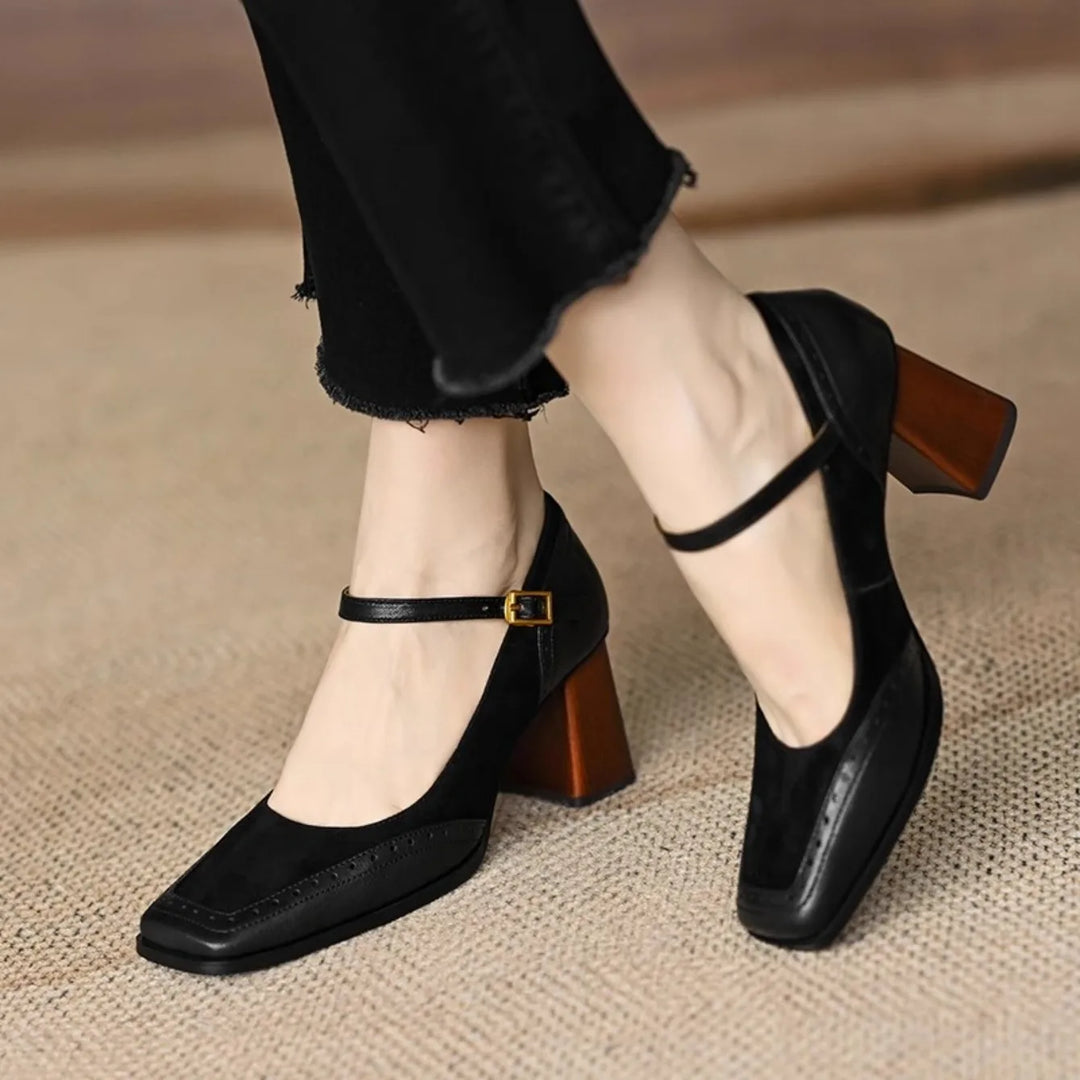 Women's Buckle-Strap Block Heel Pumps with Perforated Trim