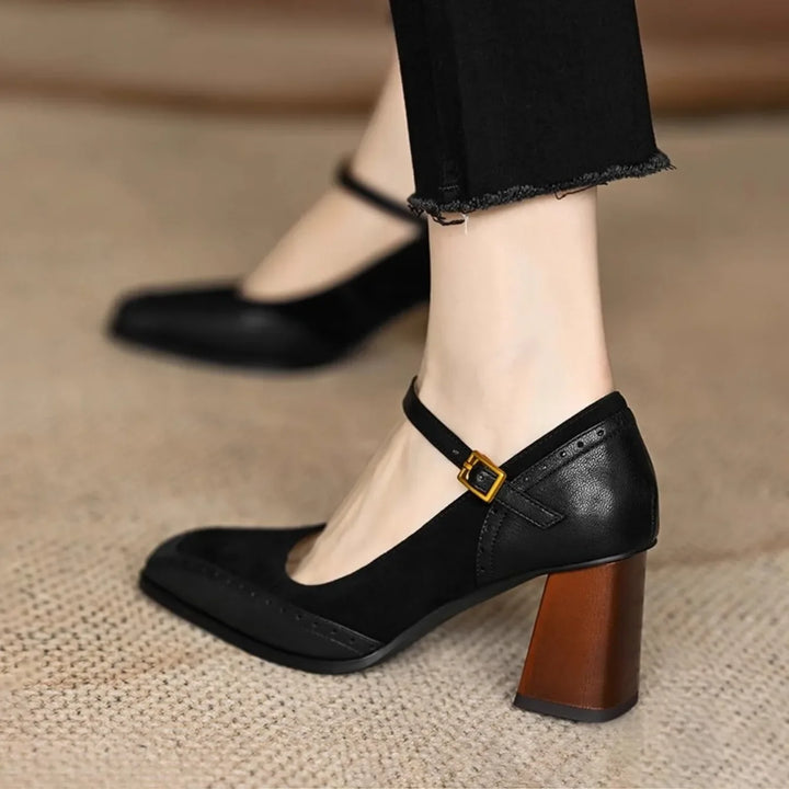 Women's Buckle-Strap Block Heel Pumps with Perforated Trim