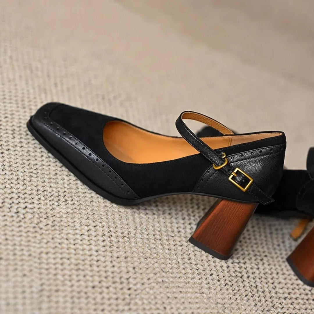 Women's Buckle-Strap Block Heel Pumps with Perforated Trim
