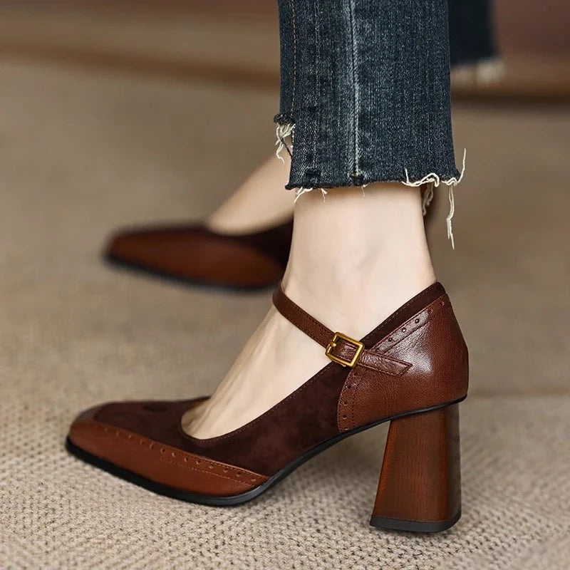 Women's Buckle-Strap Block Heel Pumps with Perforated Trim