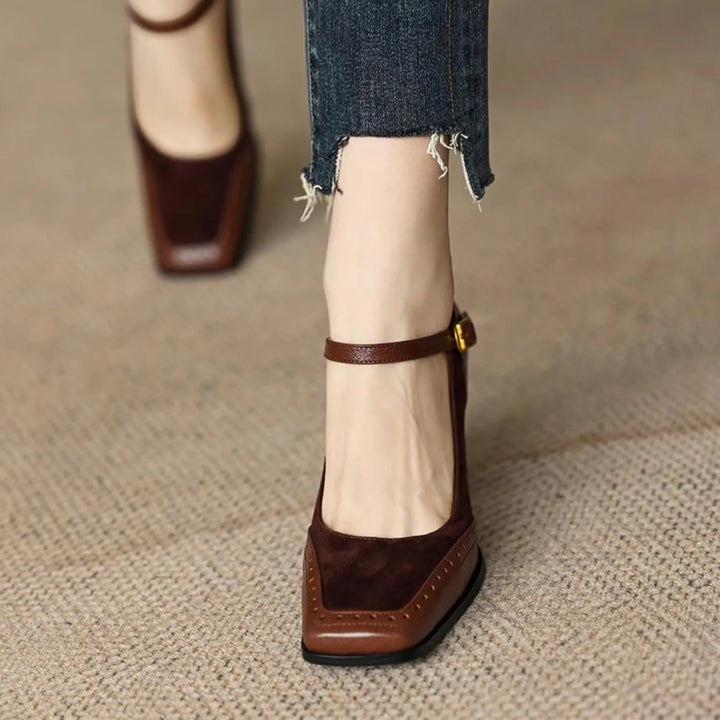 Women's Buckle-Strap Block Heel Pumps with Perforated Trim