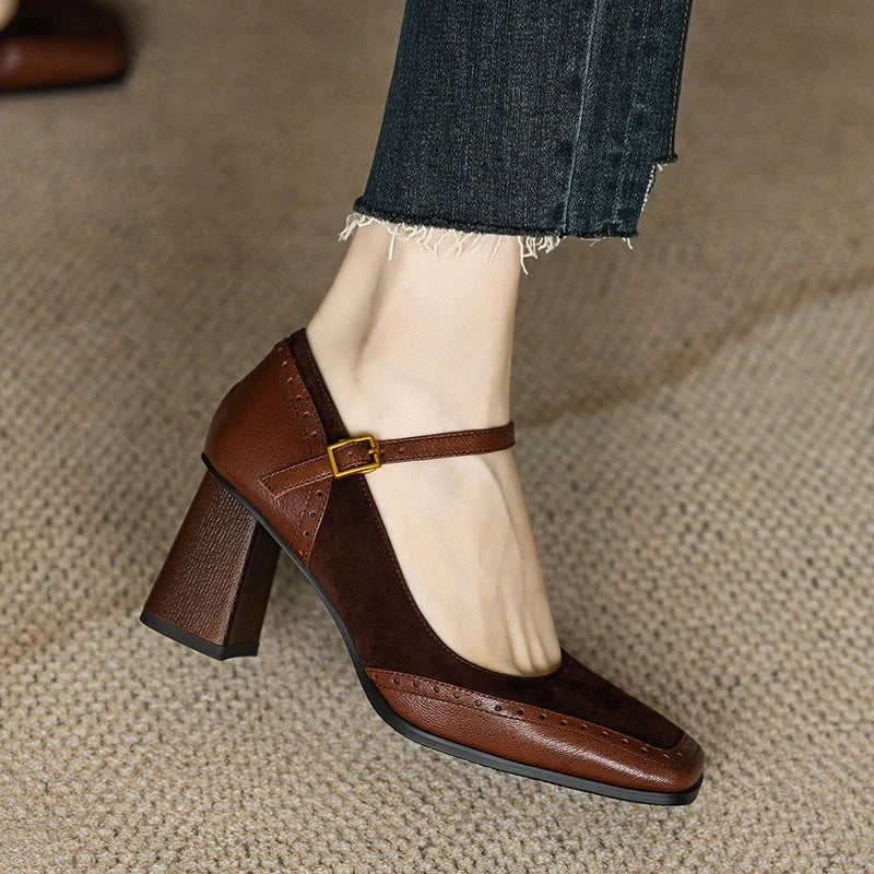 Women's Buckle-Strap Block Heel Pumps with Perforated Trim