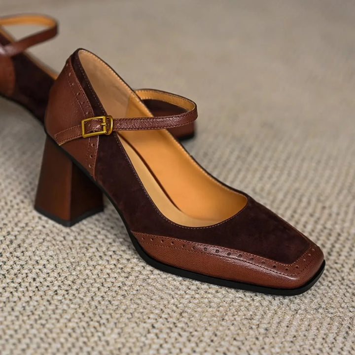 Women's Buckle-Strap Block Heel Pumps with Perforated Trim