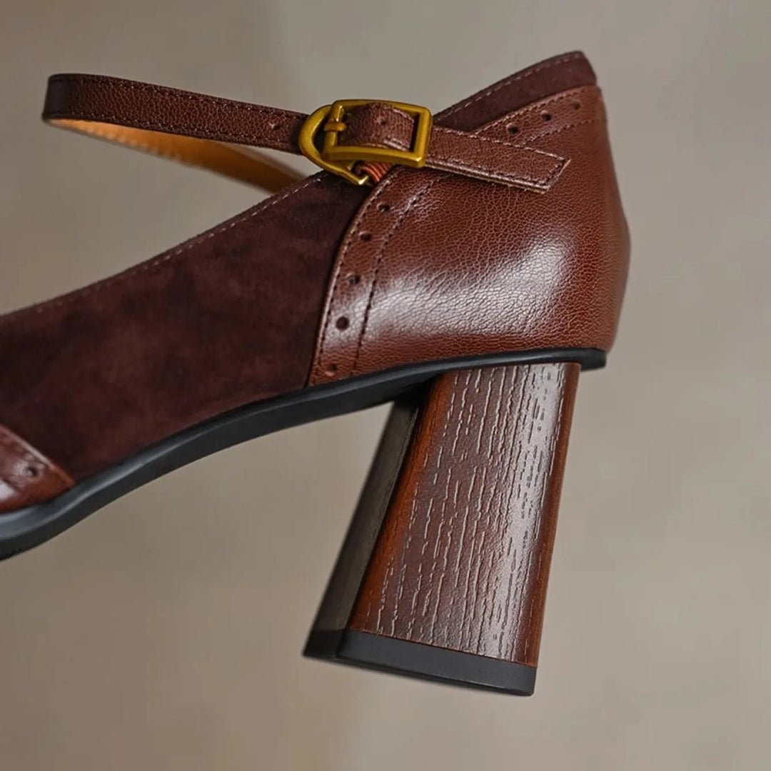 Women's Buckle-Strap Block Heel Pumps with Perforated Trim