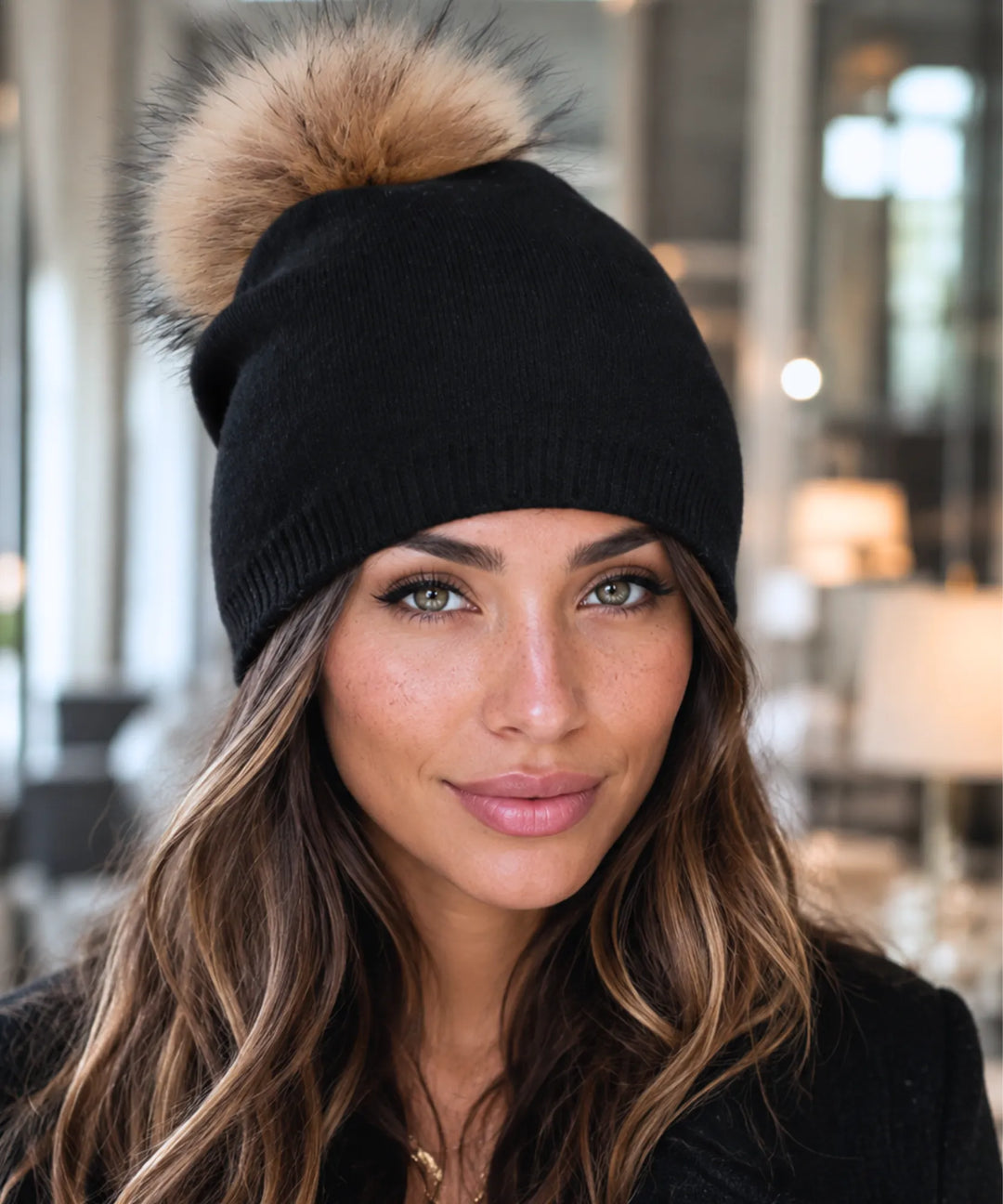 Women's Cashmere-Blend Beanie with Faux Fur Pom