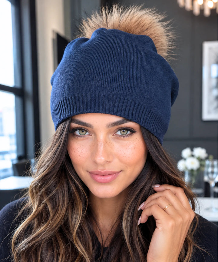 Women's Cashmere-Blend Beanie with Faux Fur Pom