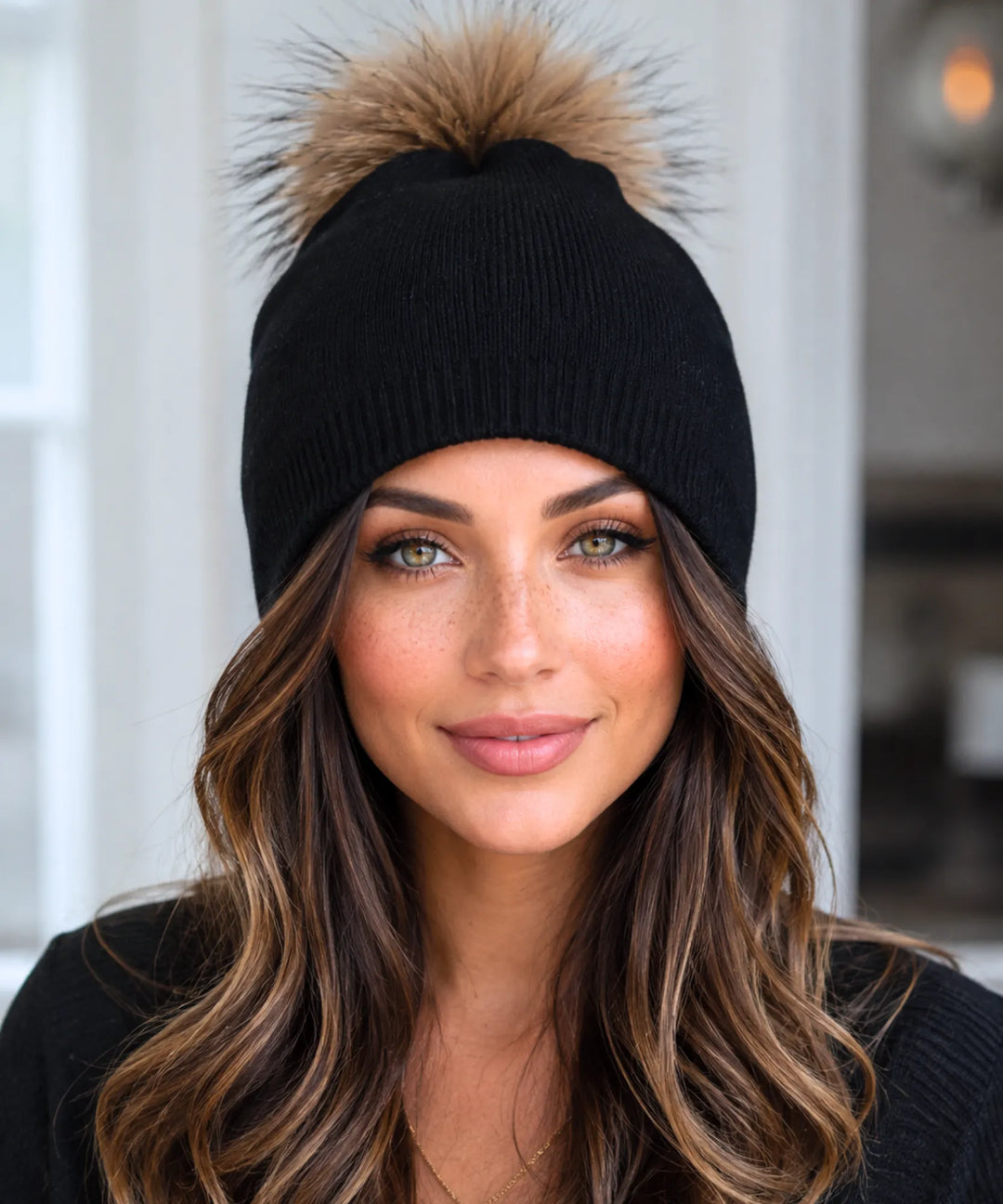 Women's Cashmere-Blend Beanie with Faux Fur Pom