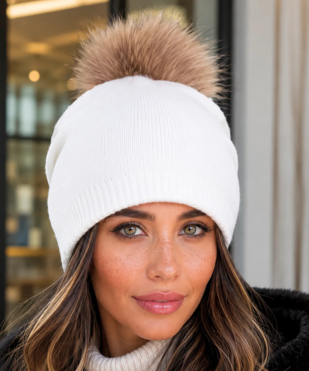 Women's Cashmere-Blend Beanie with Faux Fur Pom