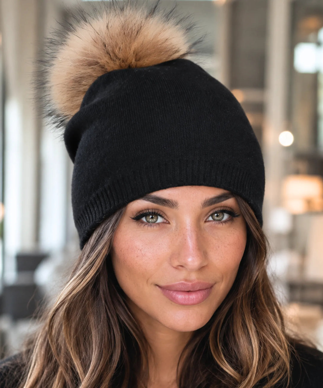 Women's Cashmere-Blend Beanie with Faux Fur Pom