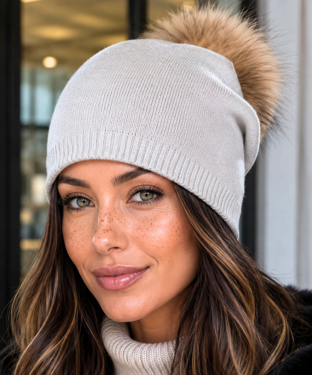 Women's Cashmere-Blend Beanie with Faux Fur Pom