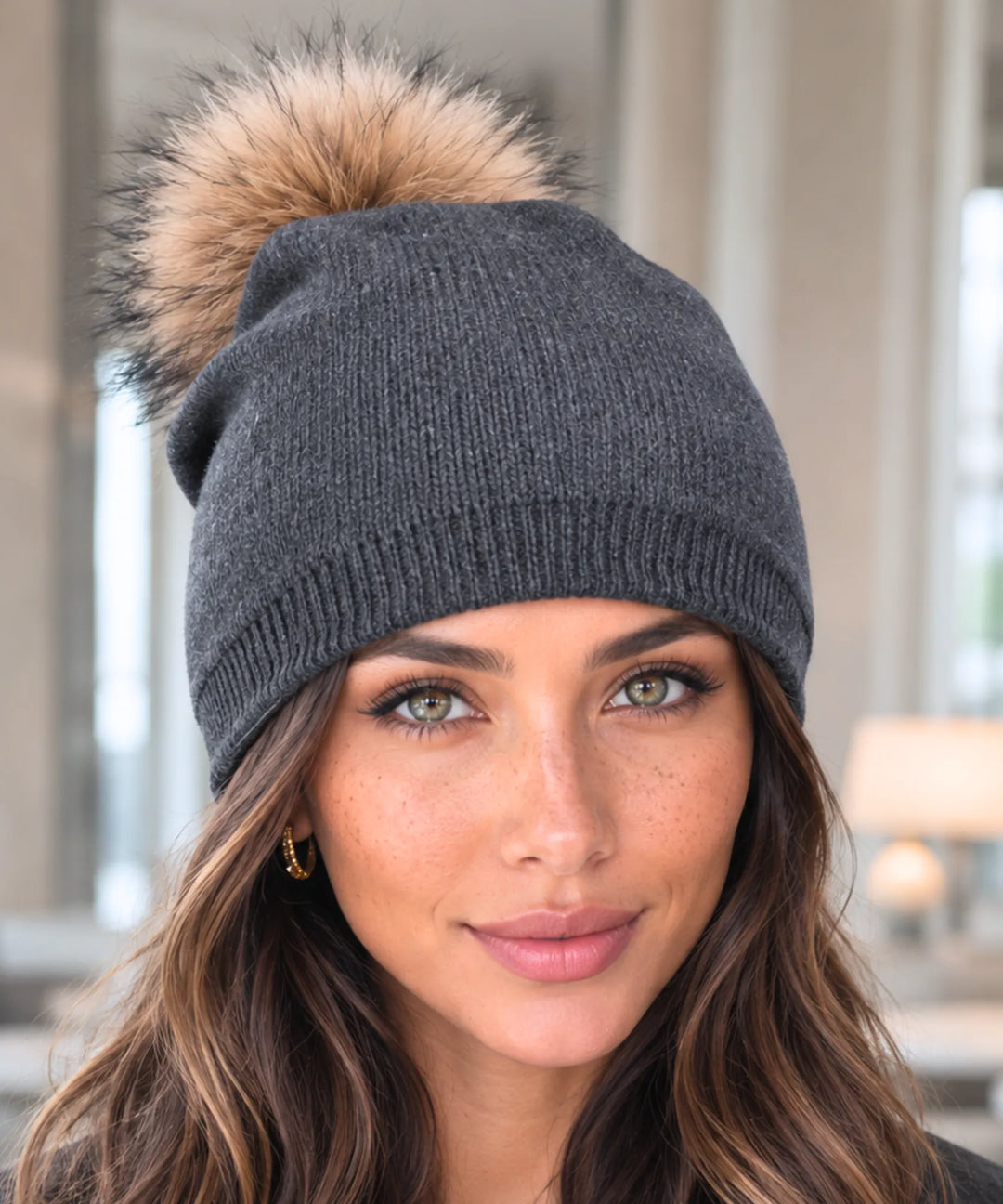 Women's Cashmere-Blend Beanie with Faux Fur Pom