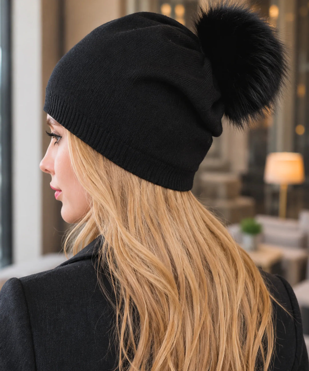 Women's Cashmere-Blend Beanie with Faux Fur Pom