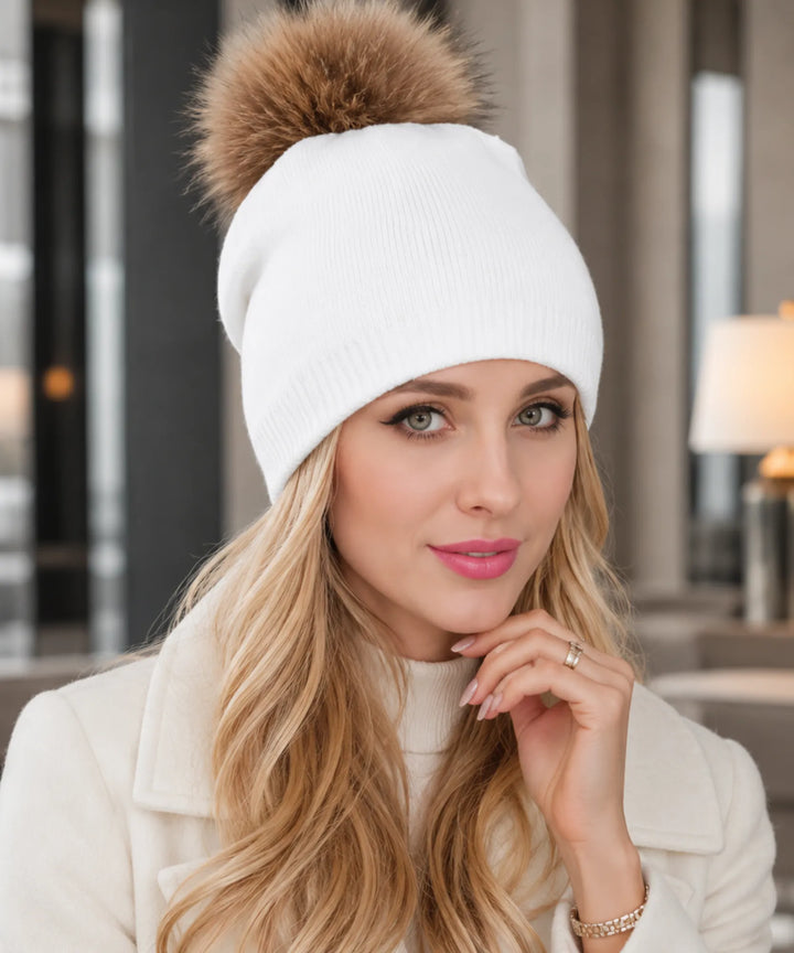 Women's Cashmere-Blend Beanie with Faux Fur Pom