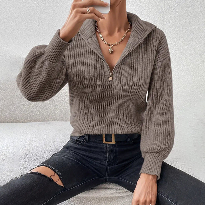 Women's Chunky Rib Knit Half-Zip Sweater with Batwing Sleeves