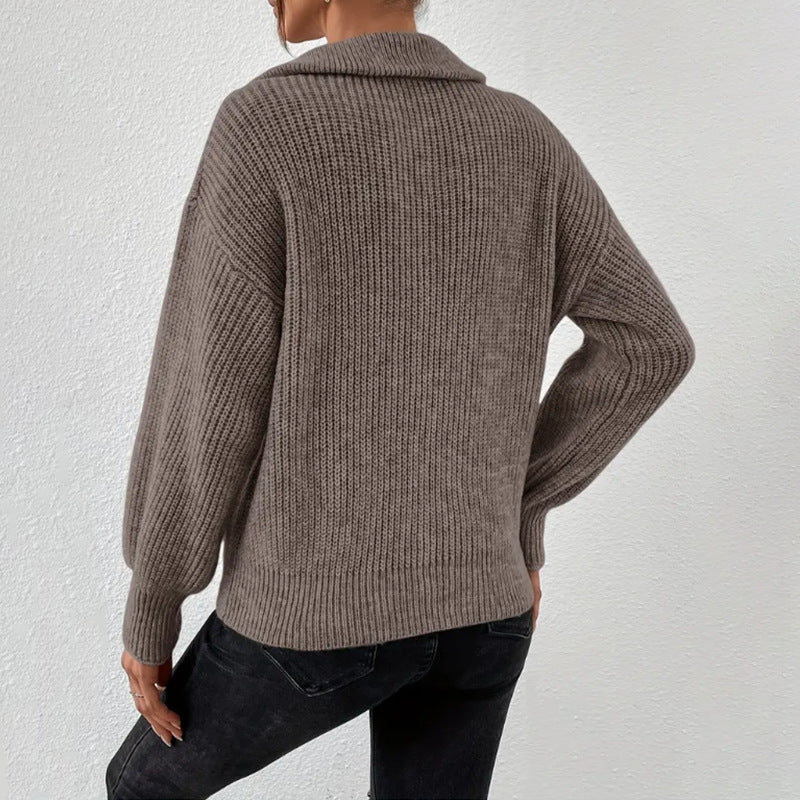 Women's Chunky Rib Knit Half-Zip Sweater with Batwing Sleeves