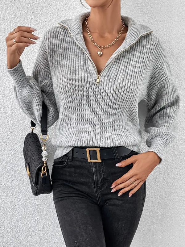 Women's Chunky Rib Knit Half-Zip Sweater with Batwing Sleeves