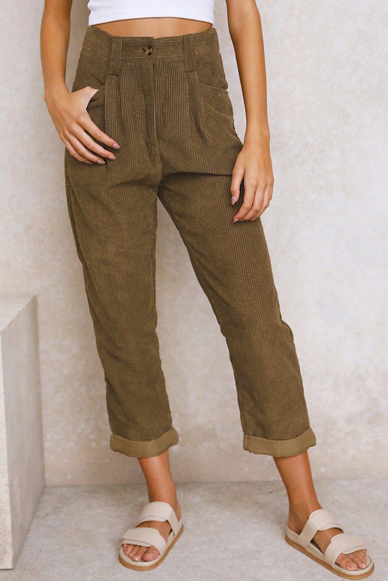Women's Corduroy High-Waist Straight-Leg Trousers