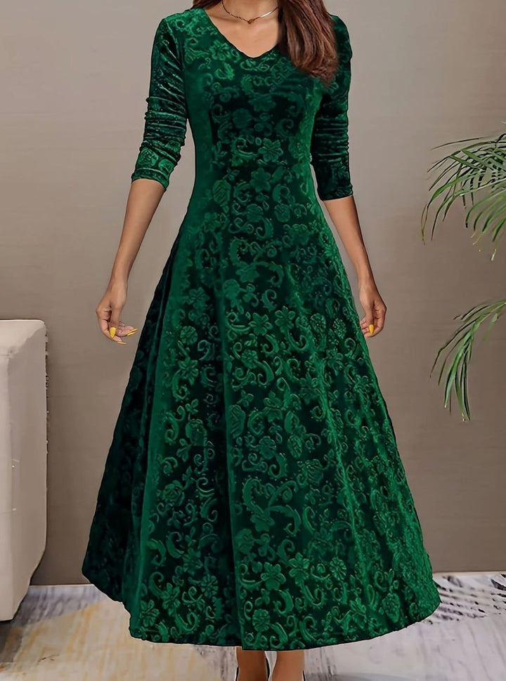 Women's Embossed Velvet V-Neck Long-Sleeve Midi Dress