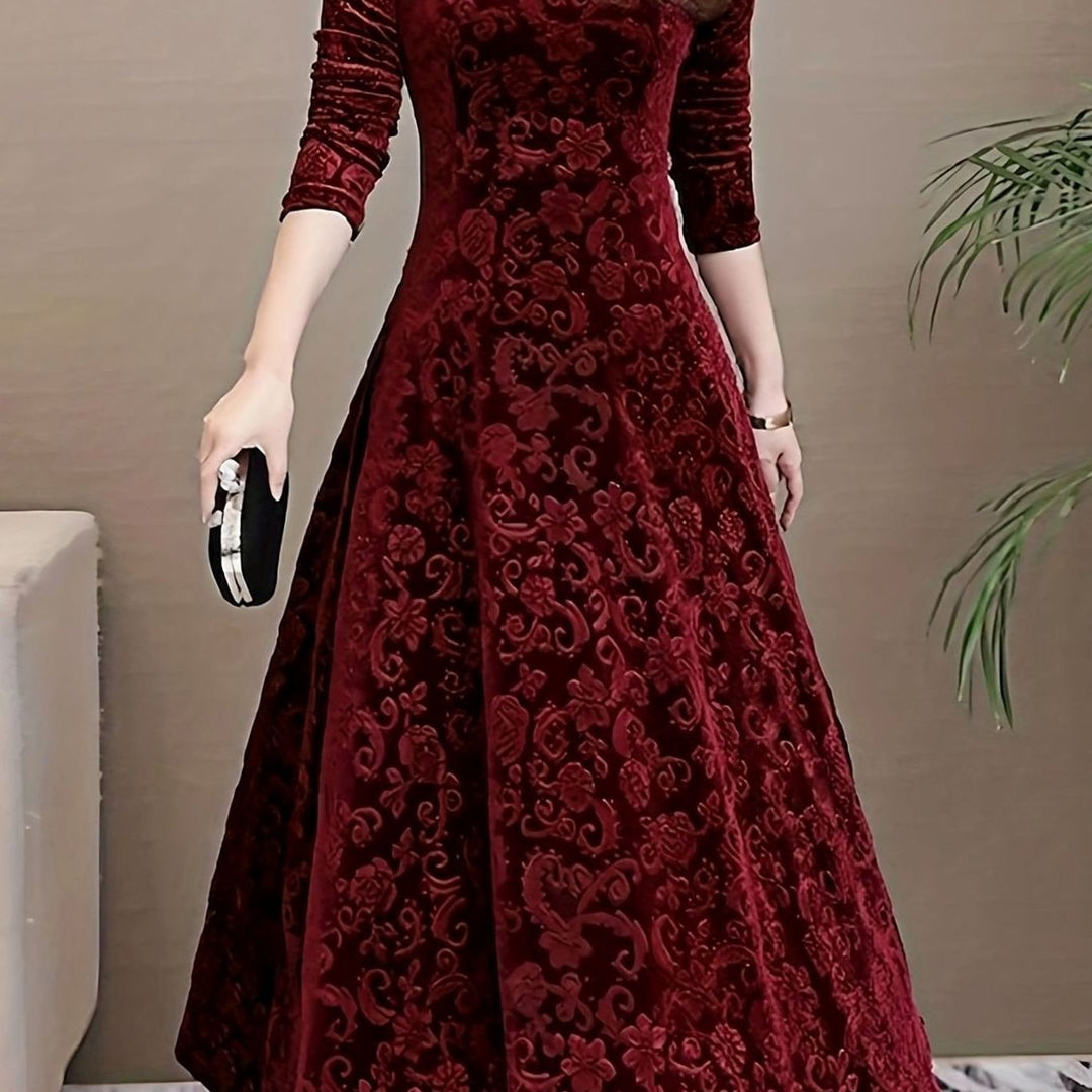 Women's Embossed Velvet V-Neck Long-Sleeve Midi Dress