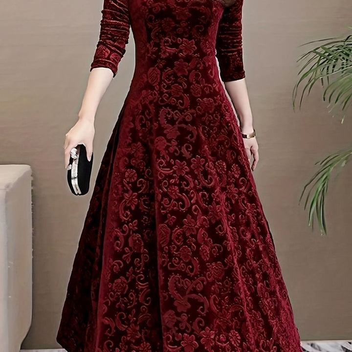 Women's Embossed Velvet V-Neck Long-Sleeve Midi Dress