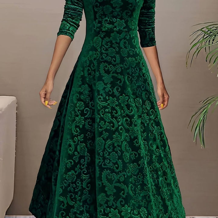 Women's Embossed Velvet V-Neck Long-Sleeve Midi Dress
