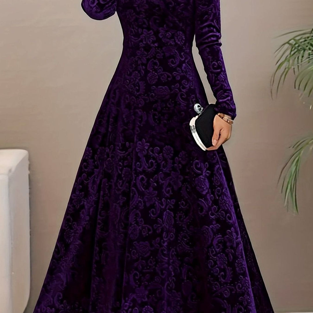 Women's Embossed Velvet V-Neck Long-Sleeve Midi Dress