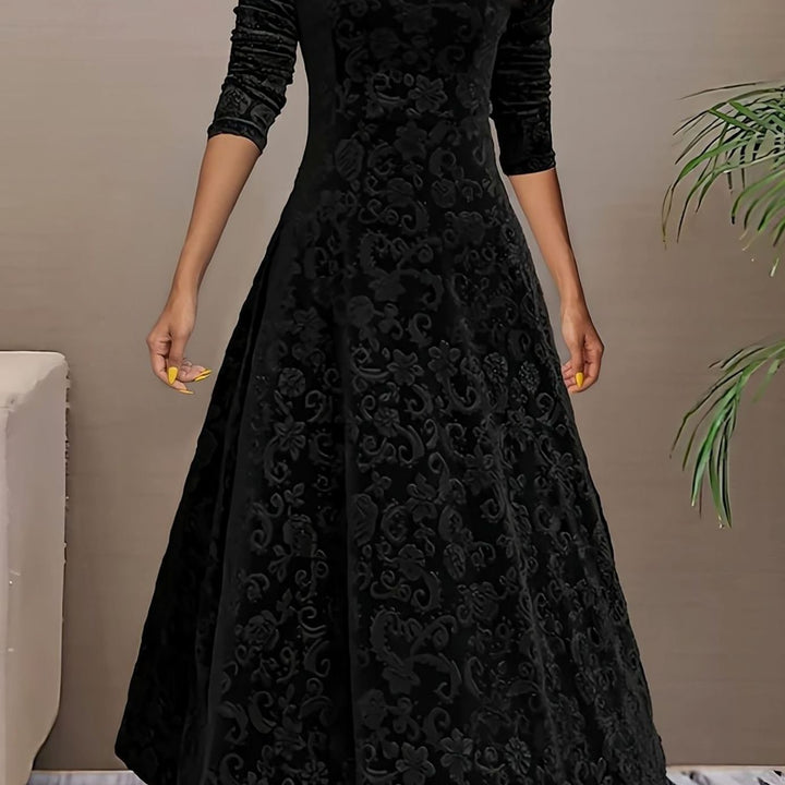 Women's Embossed Velvet V-Neck Long-Sleeve Midi Dress