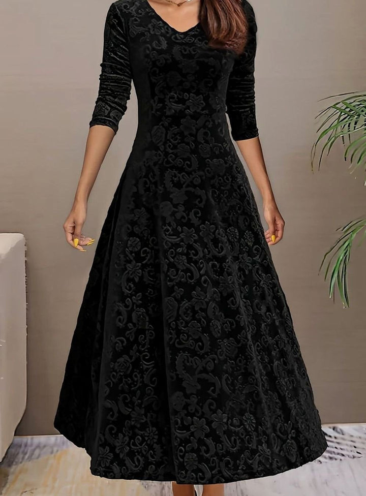 Women's Embossed Velvet V-Neck Long-Sleeve Midi Dress