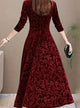 Women's Embossed Velvet V-Neck Long-Sleeve Midi Dress