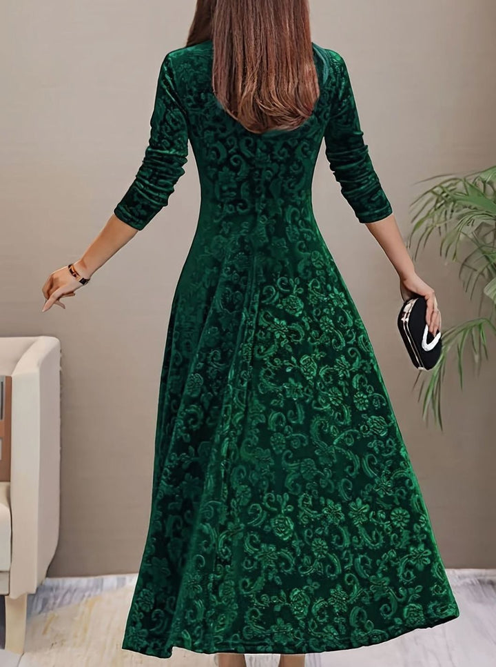 Women's Embossed Velvet V-Neck Long-Sleeve Midi Dress