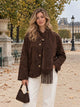 Women's Faux Suede Button Jacket with Detachable Fringed Scarf