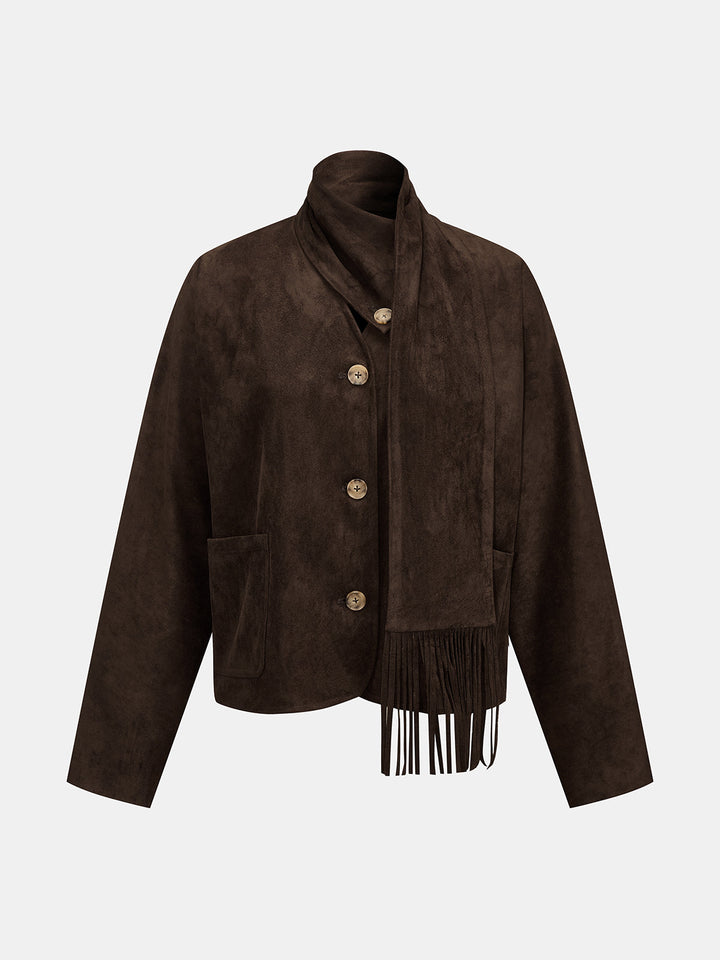 Women's Faux Suede Button Jacket with Detachable Fringed Scarf