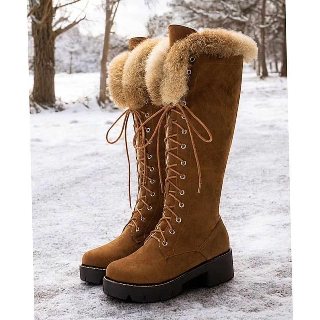 Women's Faux Suede Lace-Up Knee-High Boots with Plush Cuff