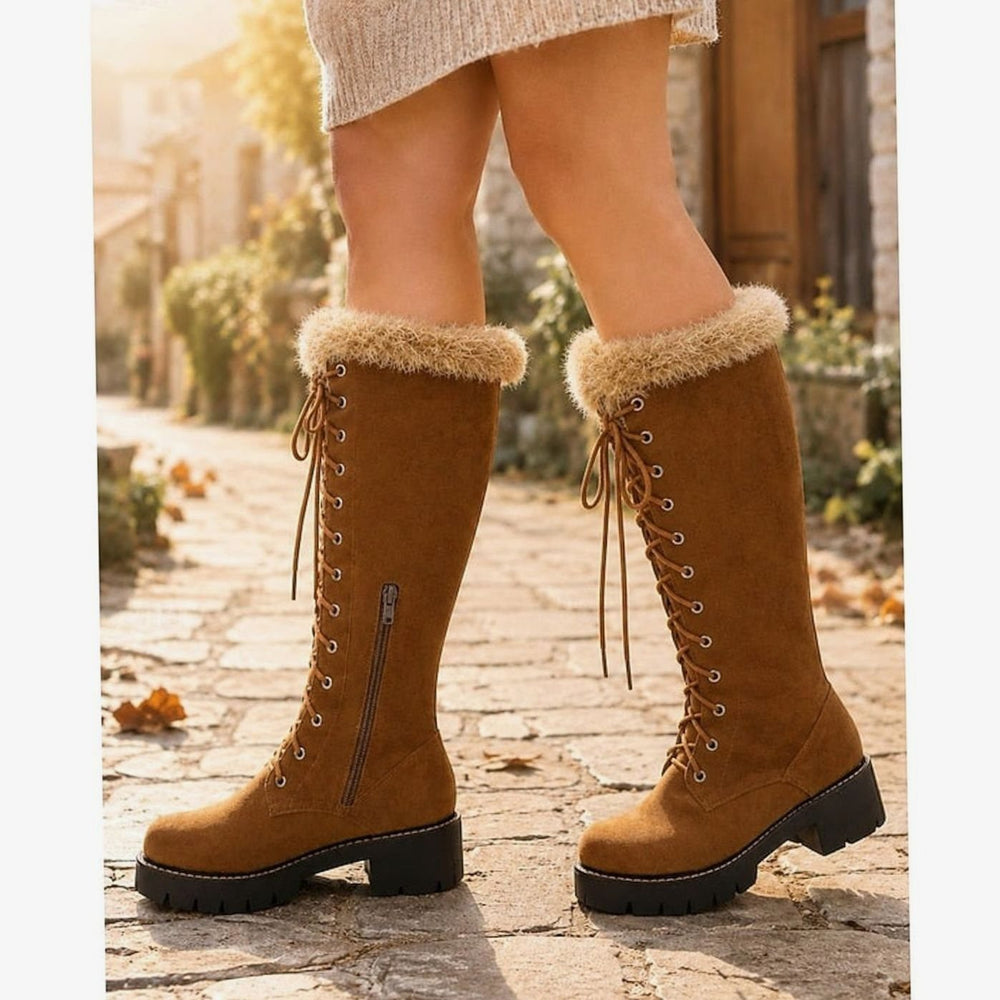 Women's Faux Suede Lace-Up Knee-High Boots with Plush Cuff