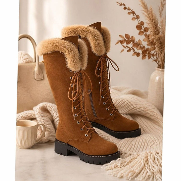Women's Faux Suede Lace-Up Knee-High Boots with Plush Cuff