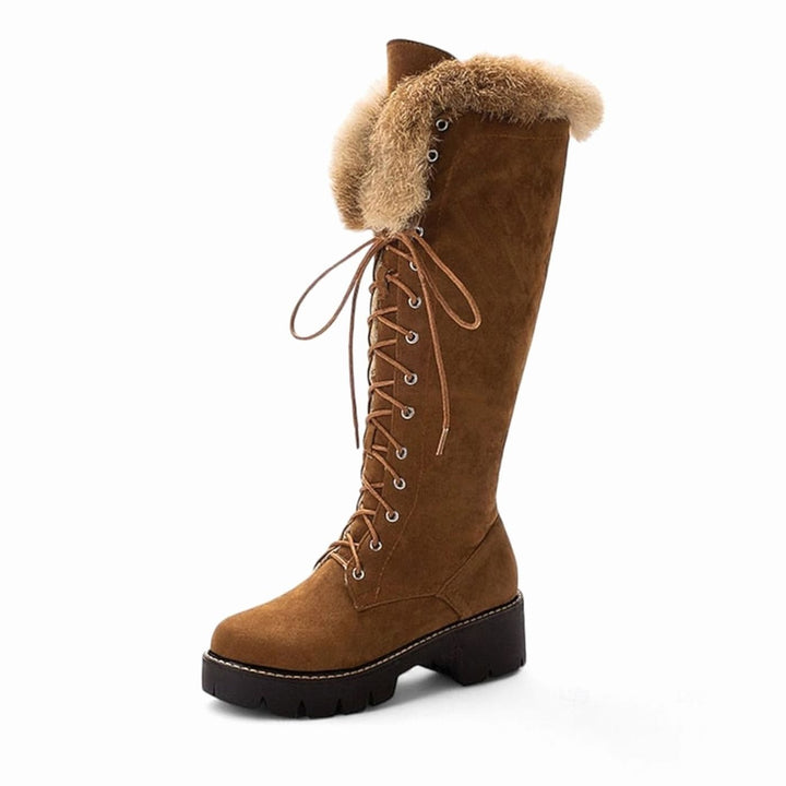 Women's Faux Suede Lace-Up Knee-High Boots with Plush Cuff