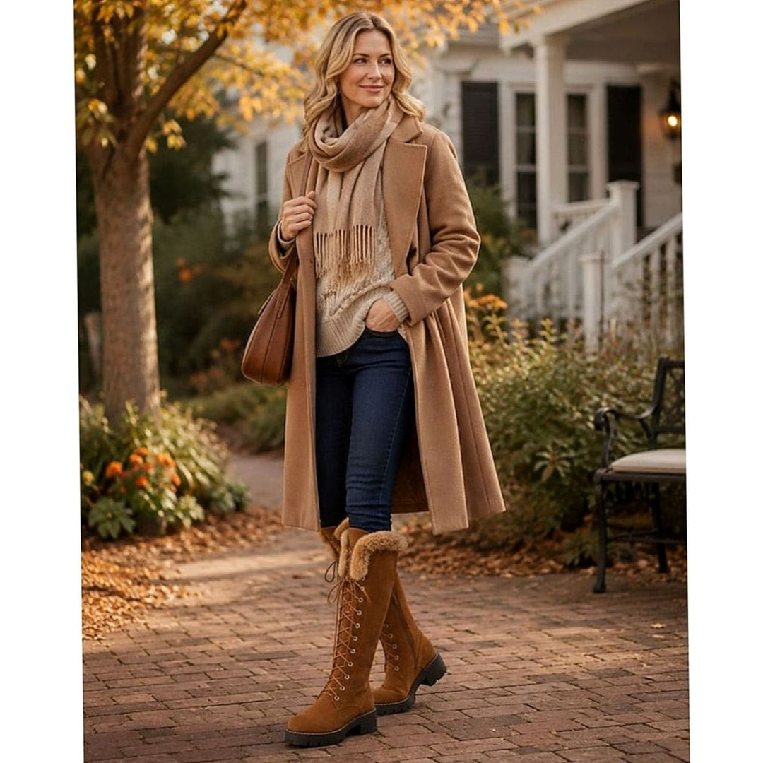 Women's Faux Suede Lace-Up Knee-High Boots with Plush Cuff