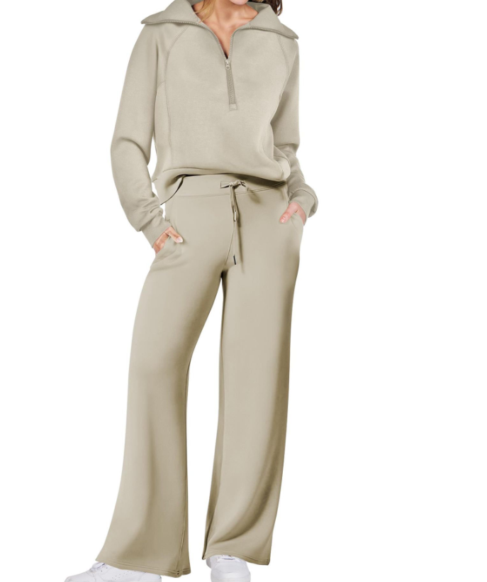 Women's Half-Zip Knit Lounge Set with Wide-Leg Pants