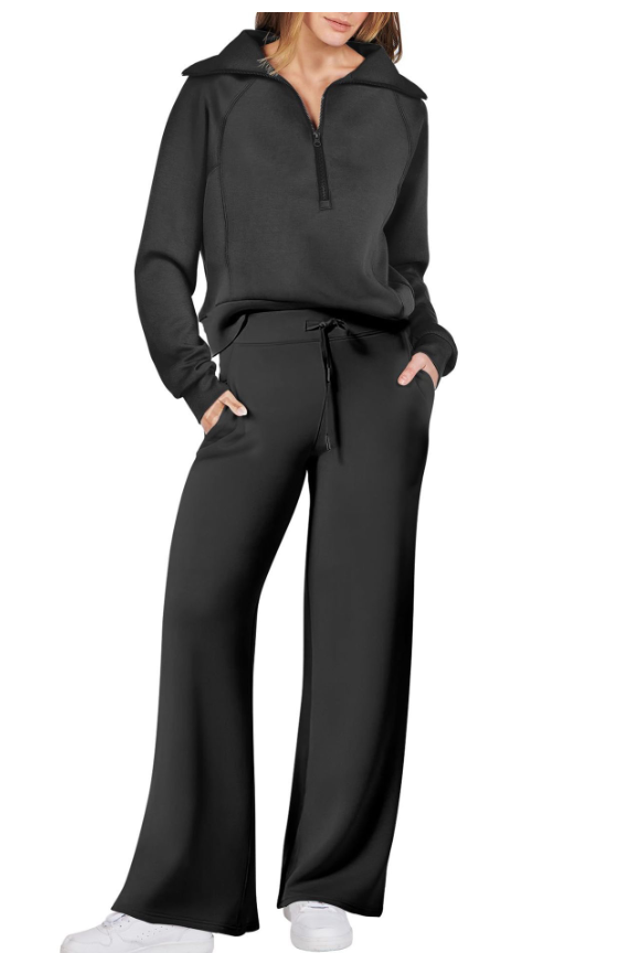 Women's Half-Zip Knit Lounge Set with Wide-Leg Pants