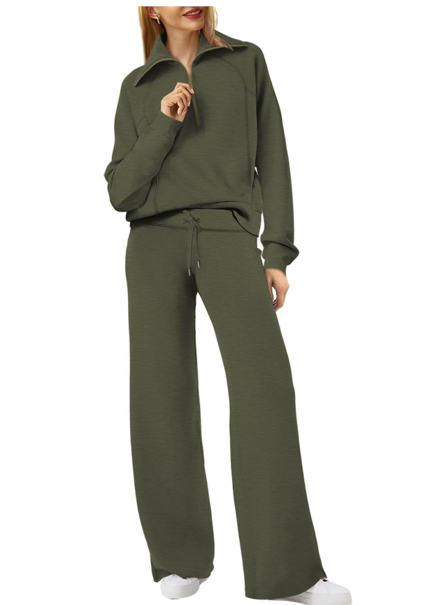 Women's Half-Zip Knit Lounge Set with Wide-Leg Pants