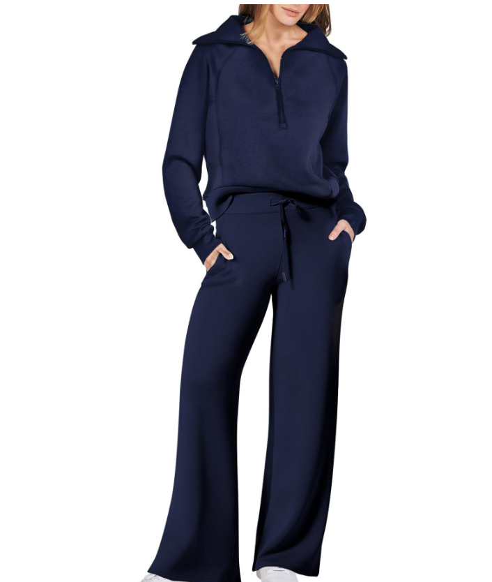 Women's Half-Zip Knit Lounge Set with Wide-Leg Pants