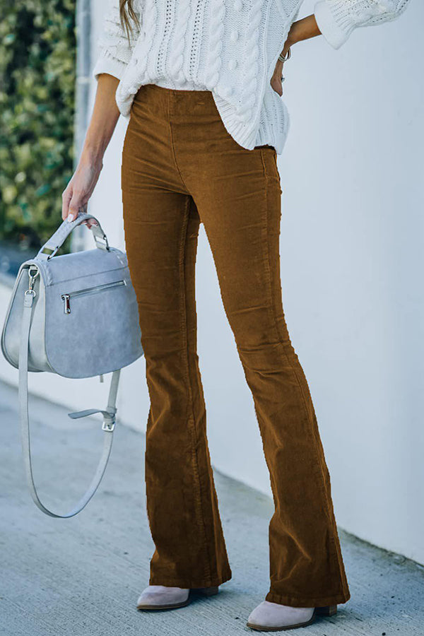 Women's High-Waist Corduroy Flare Pants with Elastic Waist